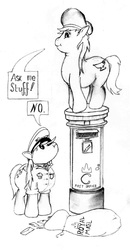 Size: 1686x3249 | Tagged: safe, derpy hooves, oc, oc:pit pone, pegasus, pony, g4, ask, bag, balancing, blog, british, confused, english, female, flat cap, hat, letter box, mail, mailbag, mailmare, mailpony, mare, monochrome, post box, royal mail, tumblr