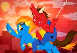 Size: 800x551 | Tagged: safe, artist:xwill-o-wisp, spitfire, spiders and magic: rise of spider-mane, g4, crossover, male, manehattan, peter parker, ponified, race, spider-man