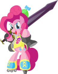 Size: 2199x2829 | Tagged: safe, artist:piterq12, pinkie pie, g4, beanie, clothes, female, hat, jacket, roller skates, solo, sword, t-shirt