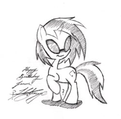 Size: 769x755 | Tagged: safe, artist:dereklestrange, dj pon-3, vinyl scratch, pony, unicorn, g4, female, happy birthday, monochrome, solo, traditional art