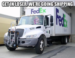 Size: 655x510 | Tagged: safe, princess cadance, g4, fedex, get in loser, image macro, irl, literal shipping, mean girls, parody, photo, ponies in real life, princess of love, princess of shipping, reaction image, shipper on deck, shipping, solo, truck