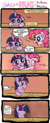 Size: 4277x10500 | Tagged: safe, artist:arkenbrony, artist:redapropos, pinkie pie, twilight sparkle, it started with a hug, g4, :t, absurd resolution, comic, feels, floppy ears, frown, grin, hug, implied death, leaning, mood whiplash, sad, smiling, surprised