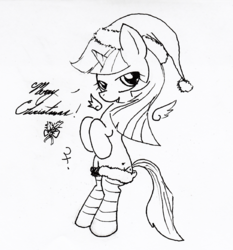 Size: 1485x1594 | Tagged: safe, artist:dereklestrange, twilight sparkle, alicorn, pony, g4, christmas, clothes, female, floating wings, hat, holly, holly mistaken for mistletoe, monochrome, santa hat, solo, stockings, traditional art, twilight sparkle (alicorn), wings