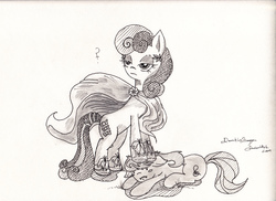 Size: 3504x2552 | Tagged: safe, artist:dereklestrange, bon bon, octavia melody, sweetie drops, earth pony, pony, g4, clothes, costume, duo, hatching (technique), monochrome, superhero, traditional art