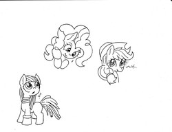 Size: 3324x2552 | Tagged: safe, artist:dereklestrange, apple bloom, applejack, pinkie pie, earth pony, pony, g4, alternate hairstyle, dreadlocks, monochrome, traditional art