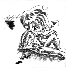 Size: 1268x1364 | Tagged: safe, artist:dereklestrange, applejack, human, g4, cider, hatching (technique), humanized, monochrome, solo, traditional art