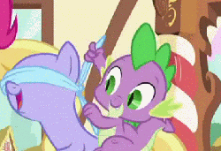 Size: 397x272 | Tagged: safe, screencap, cloud kicker, fluttershy, pinkie pie, spike, dragon, pony, g4, griffon the brush off, animated, blindfold, dragons riding ponies, hoofy-kicks, horses doing horse things, laughing, loop, out of context, puffy cheeks, rearing, rider, riding, scrunchy face, smiling, spike riding cloud kicker, sugarcube corner