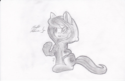 Size: 2552x1664 | Tagged: safe, artist:dereklestrange, octavia melody, earth pony, pony, g4, clothes, female, happy, hi, hoodie, monochrome, solo, traditional art