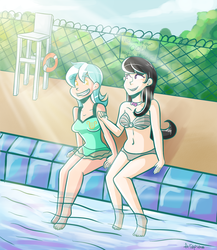 Size: 866x1000 | Tagged: safe, artist:php52, lyra heartstrings, octavia melody, human, g4, belly button, bikini, clothes, duo, female, humanized, legs in the water, lesbian, light skin, one-piece swimsuit, partially submerged, poolside, ship:octyra, shipping, swimming pool, swimsuit