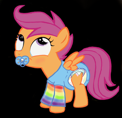 Size: 654x633 | Tagged: dead source, safe, artist:oliver-england, scootaloo, g4, black background, clothes, crinkleloo, diaper, diaper fetish, diaper usage, diapered, diaperloo, female, filly, foal, non-baby in diaper, onesie, pacifier, pissing, rainbow socks, simple background, socks, solo, striped socks, urine, used diaper, using diaper, wetting diaper