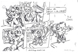 Size: 2580x1828 | Tagged: safe, artist:dereklestrange, blues, noteworthy, oc, oc:pillow case, pegasus, pony, unicorn, g4, clothes, comic, earth, hoodie, monochrome, ponies in earth, refrigerator, soda, traditional art