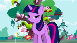 Size: 1136x640 | Tagged: safe, screencap, twilight sparkle, pony, unicorn, friendship is magic, g4, my little pony: friendship is magic, bedroom eyes, evil smile, female, mare, mid-blink screencap, opening, solo, stare, theme, theme song, unicorn twilight