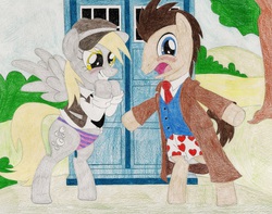 Size: 2067x1631 | Tagged: safe, artist:wjmmovieman, derpy hooves, doctor whooves, time turner, pegasus, pony, g4, blushing, boxers, clothes, embarrassed, female, heart, heart print underwear, humiliation, mare, panties, striped underwear, underwear