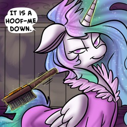 Size: 1280x1280 | Tagged: safe, artist:fauxsquared, princess celestia, tumblr:it's always sunny in canterlot, g4, bed mane, bedroom eyes, brush, clothes, female, magic, messy mane, robe, solo
