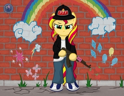 Size: 4500x3500 | Tagged: safe, artist:template93, sunset shimmer, pony, g4, ak-47, bipedal, clothes, commission, cutie mark, female, gun, hat, high res, hoodie, pants, rifle, solo