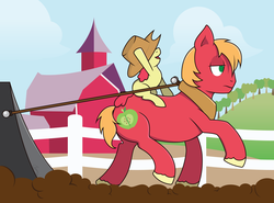 Size: 5054x3750 | Tagged: safe, artist:quarantinedchaoz, apple bloom, big macintosh, earth pony, pony, g4, apple bloom riding big macintosh, hat, male, plow, ponies riding ponies, riding, stallion