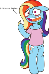 Size: 2065x3105 | Tagged: safe, artist:apony, artist:quarantinedchaoz, rainbow dash, pegasus, pony, semi-anthro, g4, alternate hairstyle, bipedal, blushing, caught, clothes, female, implied fluttershy, mare, open mouth, rainbow dash always dresses in style, shirt, simple background, solo, t-shirt, white background