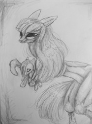 Size: 1280x1707 | Tagged: safe, artist:sweetstrawberryblood, pinkie pie, oc, oc:cosmia nebula, g4, doll, grayscale, monochrome, pen drawing, pinkamena diane pie, plushie, traditional art