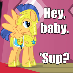 Size: 550x550 | Tagged: safe, flash sentry, pegasus, pony, g4, three's a crowd, armor, caption, flirting, haters gonna hate, image macro, male, saddle, solo, stallion