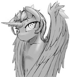 Size: 1280x1399 | Tagged: safe, artist:vicmanone, twilight sparkle, alicorn, anthro, g4, female, monochrome, solo, twilight sparkle (alicorn), wingding eyes