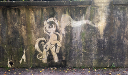 Size: 3264x1929 | Tagged: safe, artist:m99moron, minuette, pony, unicorn, g4, carving, female, graffiti, irl, mare, photo, ponies in real life, reversed, solo, toothbrush