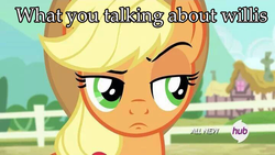 Size: 720x405 | Tagged: safe, screencap, applejack, g4, three's a crowd, different strokes, female, hub logo, palindrome get, reaction image, solo, unconvinced applejack