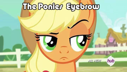 Size: 720x405 | Tagged: safe, screencap, applejack, g4, three's a crowd, disapproval, female, hub logo, reaction image, solo, suspicious face, the people's eyebrow, the rock, unconvinced applejack