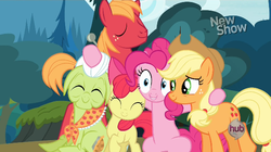 Size: 620x348 | Tagged: safe, screencap, apple bloom, applejack, big macintosh, granny smith, pinkie pie, earth pony, pony, g4, my little pony: friendship is magic, pinkie apple pie, hug, male, stallion