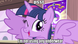 Size: 1200x675 | Tagged: safe, twilight sparkle, alicorn, pony, g4, three's a crowd, bronybait, caption, female, image macro, mare, solo, spoiler alert, twilight sparkle (alicorn), we don't normally wear clothes, wink