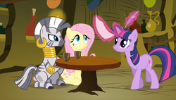 Size: 843x480 | Tagged: safe, screencap, fluttershy, twilight sparkle, zecora, zebra, g4, magic duel