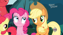 Size: 620x348 | Tagged: safe, screencap, apple bloom, applejack, big macintosh, pinkie pie, earth pony, pony, g4, pinkie apple pie, male, stallion