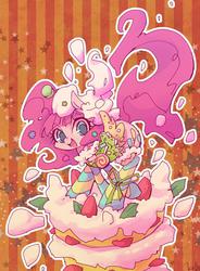 Size: 700x949 | Tagged: safe, artist:kolshica, pinkie pie, ask harajukupinkiepie, g4, cake, candy, clothes, cute, diapinkes, female, food, lollipop, looking at you, micro, open mouth, popping out of a cake, saddle, smiling, socks, solo, strawberry, striped socks