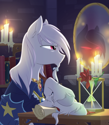 Size: 2500x2866 | Tagged: safe, artist:equestria-prevails, star swirl the bearded, earth pony, pony, g4, book, candle, clothes, hourglass, male, mirror, robe, scroll, solo, stupid sexy star swirl, wizard