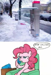 Size: 500x737 | Tagged: safe, pinkie pie, g4, exploitable meme, meme, phone, phone booth, phone box, phone meme, snowman, stop calling me