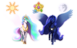 Size: 5068x3208 | Tagged: safe, artist:lessanamidairo, princess celestia, princess luna, alicorn, pony, g4, duo, duo female, elements of harmony, female, mare, royal sisters, siblings, simple background, sisters, spread wings, transparent background, wings