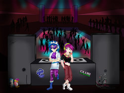 Size: 1024x772 | Tagged: safe, artist:xeladuart, dj pon-3, vinyl scratch, human, g4, belly button, disc jockey, humanized, light skin, midriff, music, nightclub, turntable