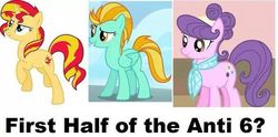 Size: 680x338 | Tagged: safe, lightning dust, sunset shimmer, suri polomare, pony, unicorn, g4, caption, female