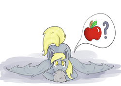 Size: 1280x914 | Tagged: safe, artist:dennelx3, derpy hooves, bat pony, pony, g4, apple, female, race swap, rock, solo