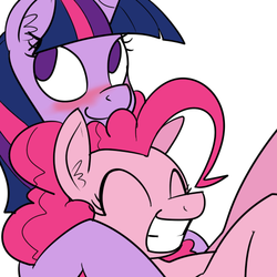 Size: 500x500 | Tagged: safe, artist:reiduran, pinkie pie, twilight sparkle, g4, blushing, cuddling, ear fluff, eyes closed, female, grin, lesbian, ship:twinkie, shipping, smiling, snuggling