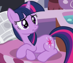 Size: 393x343 | Tagged: safe, screencap, twilight sparkle, pony, unicorn, g4, ponyville confidential, cute, female, frown, looking back, newspaper, nose wrinkle, prone, scrunchy face, solo, spa, unicorn twilight, worried