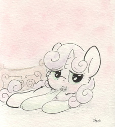 Size: 676x744 | Tagged: safe, artist:slightlyshade, sweetie belle, g4, clothes, cute, diasweetes, female, mouth hold, socks, solo, traditional art