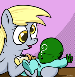 Size: 899x930 | Tagged: safe, artist:catfood-mcfly, derpy hooves, oc, oc:anon, human, g4, /mlp/, 4chan, baby, baby bottle, equestria's best mother