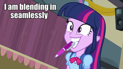 Size: 960x540 | Tagged: safe, twilight sparkle, equestria girls, g4, female, image macro, meme, mouth drawing, mouth hold, pen, solo, text