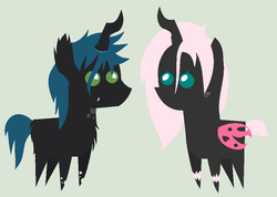 Size: 800x569 | Tagged: safe, artist:unicornofcreativity, oc, oc only, oc:pomf puff, changeling, hybrid, changeling oc, interspecies offspring, magical lesbian spawn, offspring, parent:oc:fluffle puff, parent:queen chrysalis, parents:canon x oc, parents:chrysipuff, pink changeling, pointy ponies