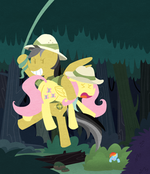 Size: 678x786 | Tagged: safe, artist:elslowmo, daring do, fluttershy, rainbow dash, g4, carrying, clothes, explorer outfit