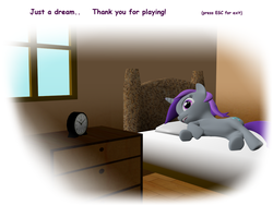 Size: 1200x900 | Tagged: safe, oc, oc only, pony, unicorn, 3d, alarm clock, bed, comic sans, game, indoors, solo, wat