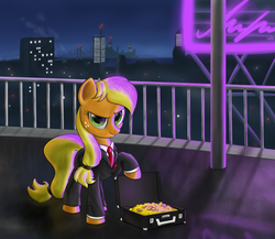 Size: 1600x1387 | Tagged: safe, artist:sameasusual, applejack, earth pony, pony, g4, bits, briefcase, business suit, city, clothes, female, looking at you, money, night, raised hoof, smiling, solo, suit, suitcase