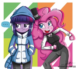 Size: 866x787 | Tagged: safe, artist:the-butch-x, pinkie pie, twilight sparkle, equestria girls, g4, ..., cosplay, duo, hilarious in hindsight, male, mordecai, pops maellard, regular show, twilight sparkle is not amused, unamused