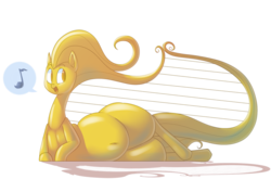 Size: 1280x844 | Tagged: safe, artist:secretgoombaman12345, louise the singing harp, ask chubby diamond, g4, three's a crowd, belly button, fat, harp, music notes, musical instrument, open mouth, simple background, smiling, solo, speech bubble, transparent background, wide hips