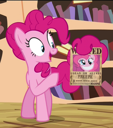 Size: 717x810 | Tagged: safe, pinkie pie, earth pony, pony, g4, my little pony: friendship is magic, three's a crowd, crossover, exploitable meme, golden oaks library, meme, one piece, pinkie's exciting flyer, solo, wanted, wanted poster